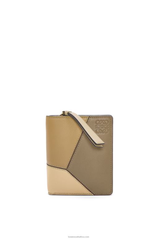 Loewe Women Puzzle compact zip wallet in classic calfskin 206XF1259 Clay Green/Butter