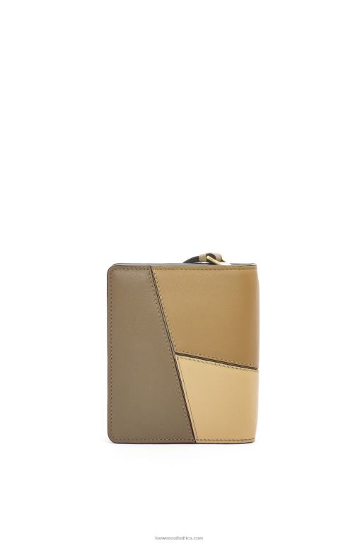 Loewe Women Puzzle compact zip wallet in classic calfskin 206XF1259 Clay Green/Butter
