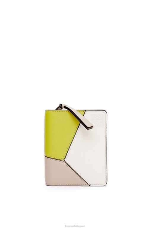 Loewe Women Puzzle compact zip wallet in classic calfskin 206XF1262 Lime Yellow/Light Oat