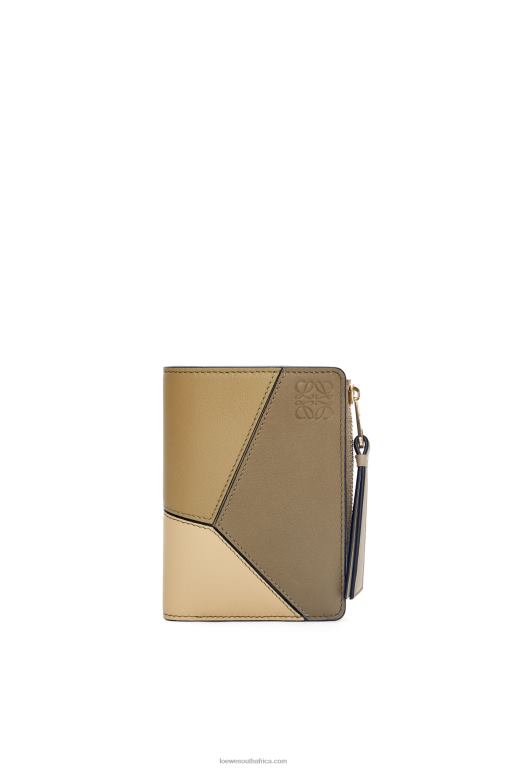 Loewe Women Puzzle slim bifold wallet in classic calf 206XF1258 Clay Green/Butter