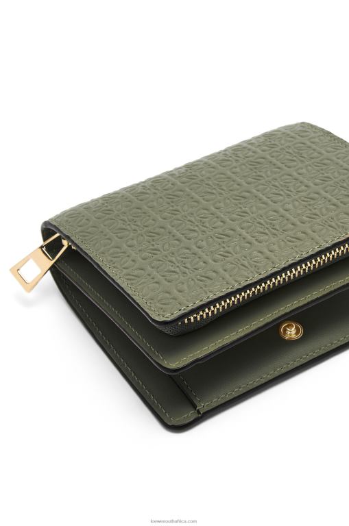 Loewe Women Repeat compact zip wallet in embossed silk calfskin 206XF1278 Avocado Green