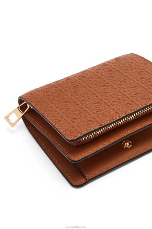 Loewe Women Repeat compact zip wallet in embossed silk calfskin 206XF1281 Tan