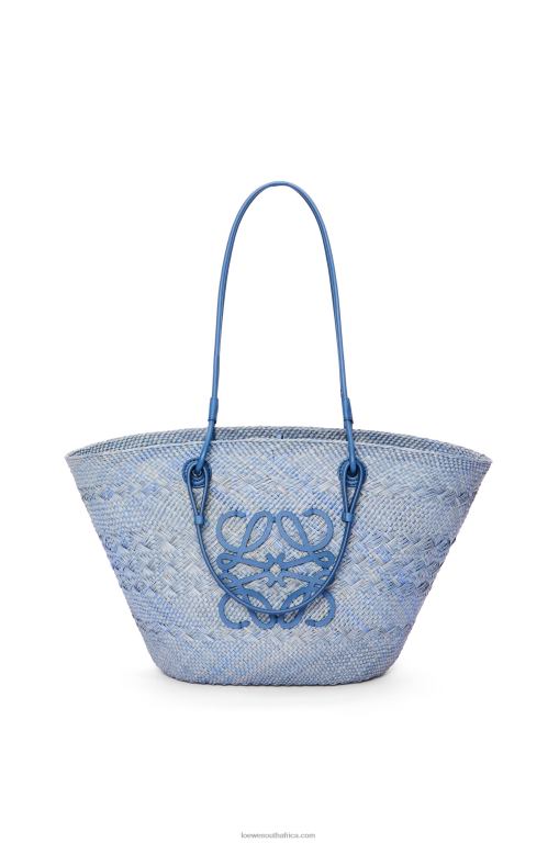 Loewe Women Anagram Basket bag in iraca palm and calfskin 206XF1 Denim Blue