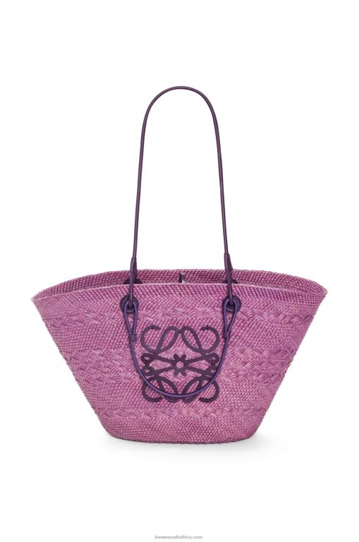 Loewe Women Anagram Basket bag in iraca palm and calfskin 206XF83 Purple