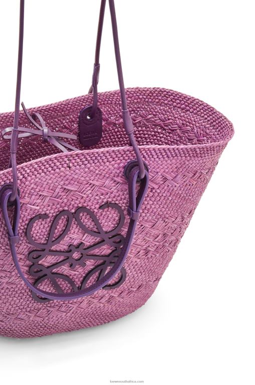 Loewe Women Anagram Basket bag in iraca palm and calfskin 206XF83 Purple