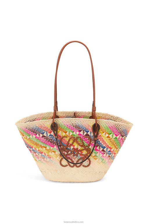 Loewe Women Anagram Basket bag in rainbow iraca palm and calfskin 206XF106 Multicolor/Tan