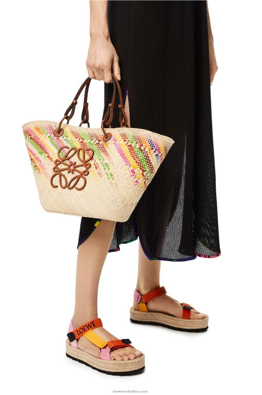 Loewe Women Anagram Basket bag in rainbow iraca palm and calfskin 206XF106 Multicolor/Tan