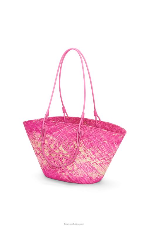 Loewe Women Anagram basket bag in iraca palm and calfskin 206XF70 Fuchsia