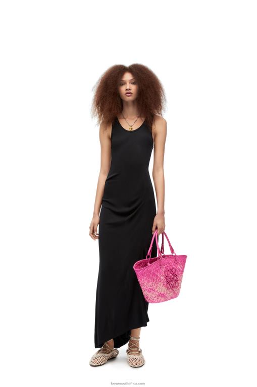 Loewe Women Anagram basket bag in iraca palm and calfskin 206XF70 Fuchsia