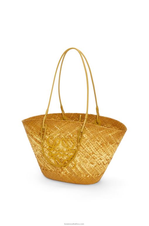 Loewe Women Anagram basket bag in iraca palm and calfskin 206XF7 Ochre