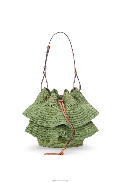 Loewe Women Balloon Ruffles bag in raffia and calfskin 206XF66 Green/Tan