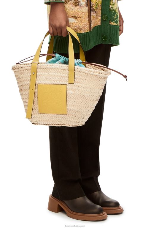 Loewe Women Basket bag in palm leaf and calfskin 206XF51 Dark Yellow
