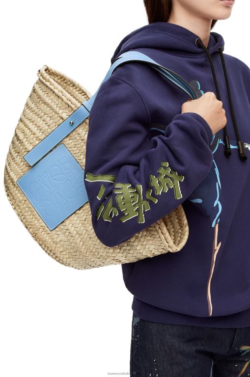 Loewe Women Basket bag in palm leaf and calfskin 206XF58 Light Blue