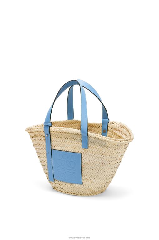 Loewe Women Basket bag in palm leaf and calfskin 206XF58 Light Blue