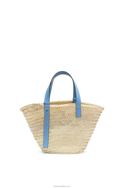 Loewe Women Basket bag in palm leaf and calfskin 206XF58 Light Blue
