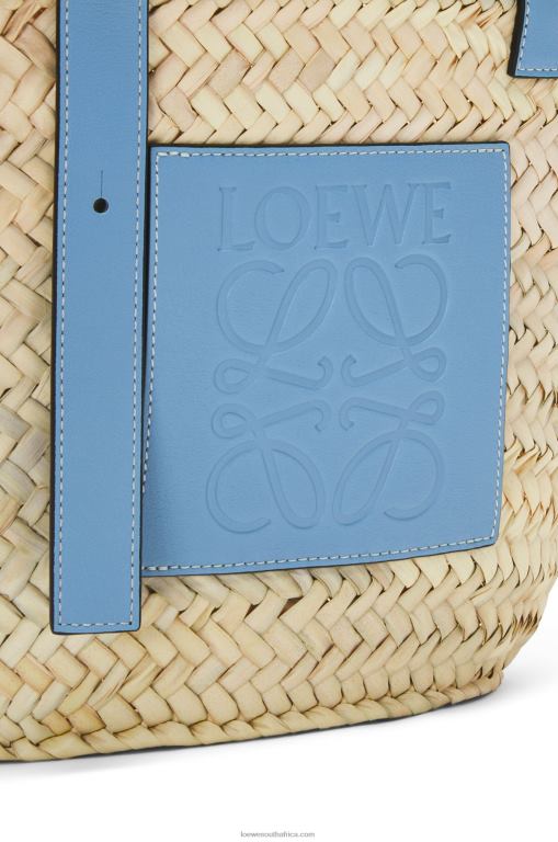Loewe Women Basket bag in palm leaf and calfskin 206XF58 Light Blue