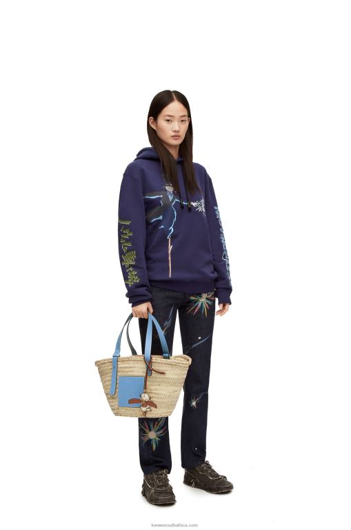 Loewe Women Basket bag in palm leaf and calfskin 206XF58 Light Blue