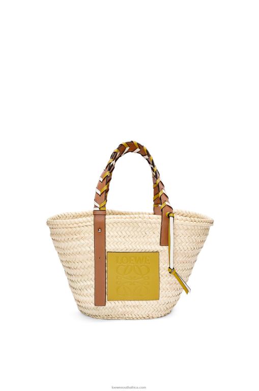 Loewe Women Basket bag in palm leaf with a braided handle in calfskin 206XF6 Ochre/Tan