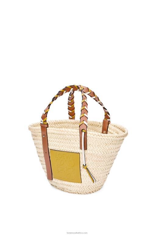 Loewe Women Basket bag in palm leaf with a braided handle in calfskin 206XF6 Ochre/Tan
