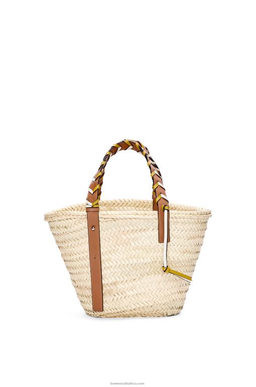 Loewe Women Basket bag in palm leaf with a braided handle in calfskin 206XF6 Ochre/Tan