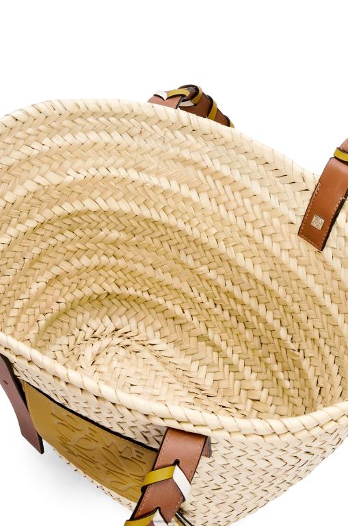 Loewe Women Basket bag in palm leaf with a braided handle in calfskin 206XF6 Ochre/Tan