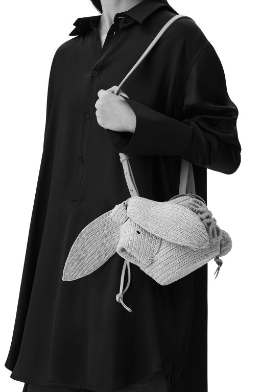 Loewe Women Bunny Bucket in raffia and calfskin 206XF98 Natural