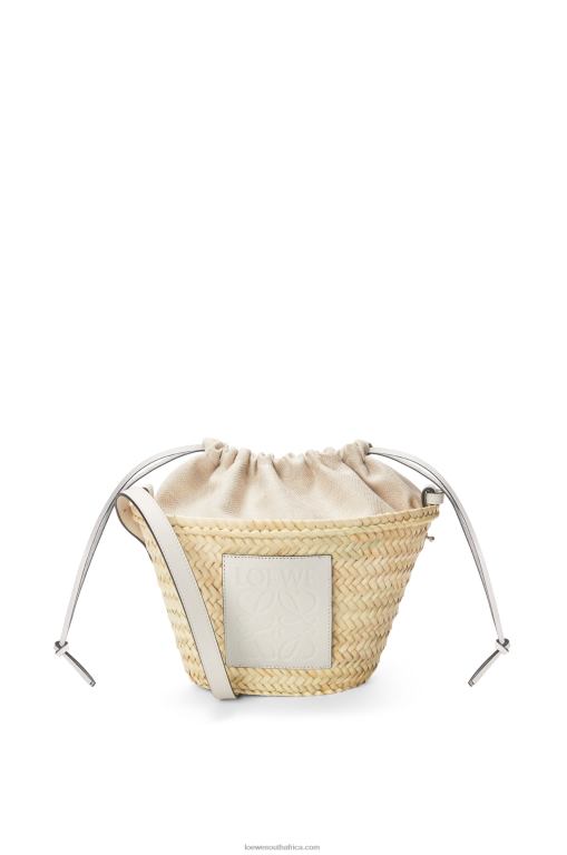 Loewe Women Drawstring bucket bag in palm leaf and calfskin 206XF23 Natural/White