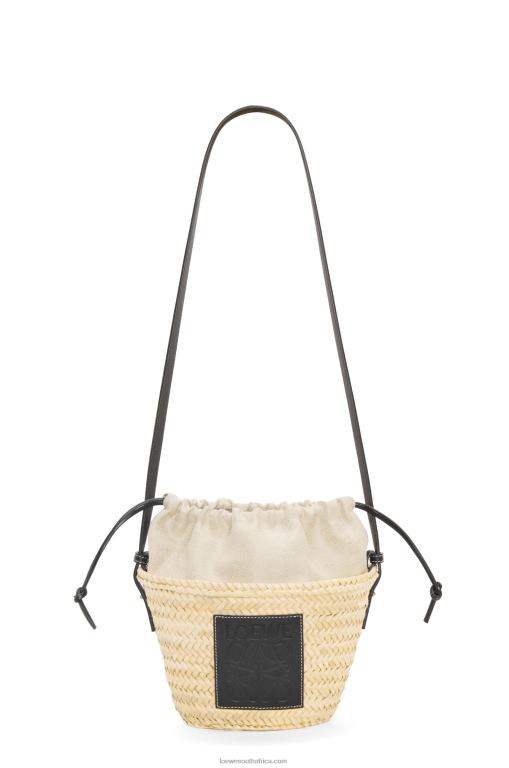Loewe Women Drawstring bucket bag in palm leaf and calfskin 206XF24 Natural/Black