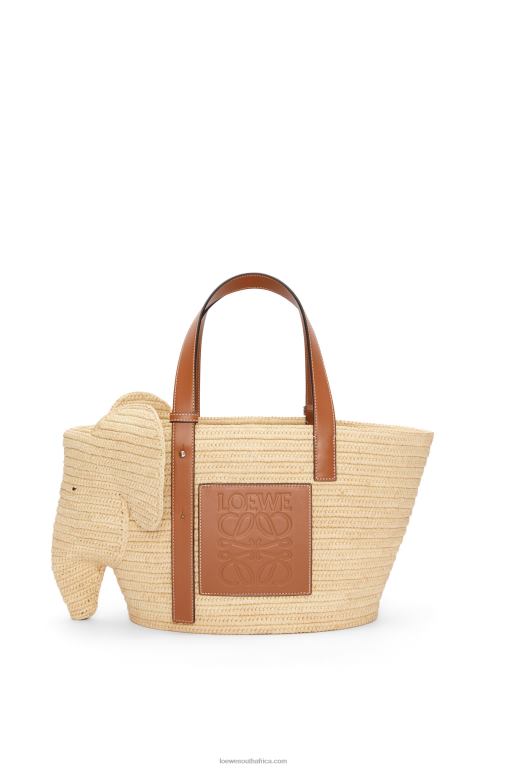 Loewe Women Elephant basket bag in raffia and calfskin 206XF80 Natural/Tan