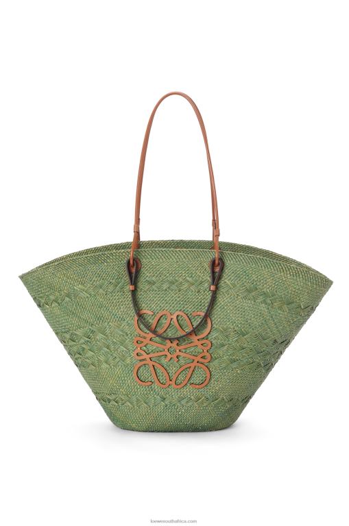 Loewe Women Large Anagram Basket bag in iraca palm and calfskin 206XF65 Green/Tan