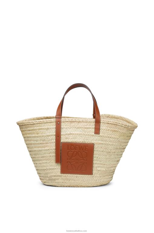 Loewe Women Large Basket bag in palm leaf and calfskin 206XF37 Natural/Tan