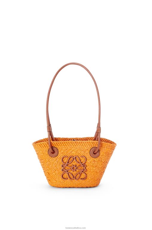 Loewe Women Mini Anagram Basket bag in iraca palm and calfskin 206XF97 Orange/Tan