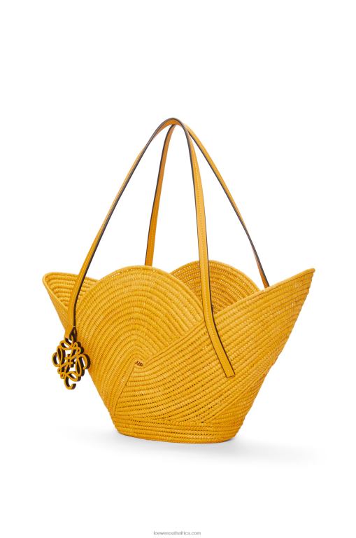 Loewe Women Petal basket bag in raffia and calfskin 206XF40 Ochre
