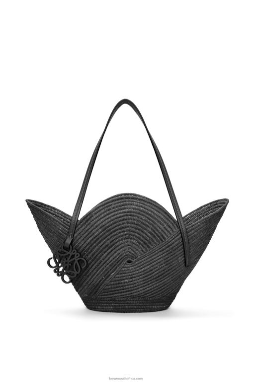 Loewe Women Petal basket bag in raffia and calfskin 206XF41 Black
