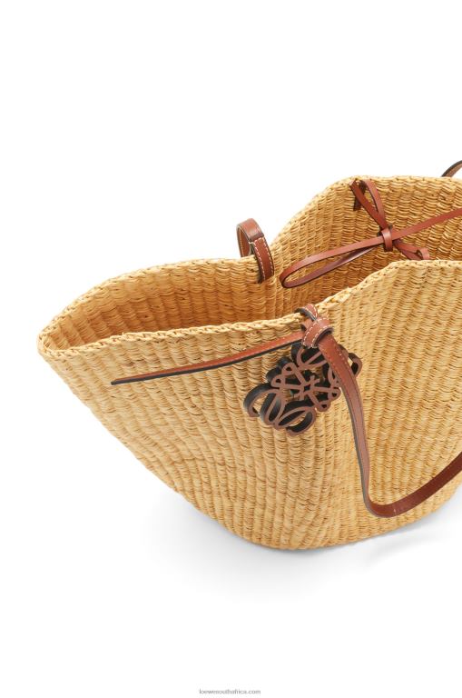 Loewe Women Shell Basket bag in elephant grass and calfskin 206XF63 Natural/Pecan