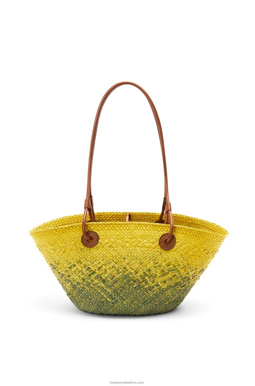 Loewe Women Small Anagram Basket bag in iraca palm and calfskin 206XF64 Khaki Green/Yellow