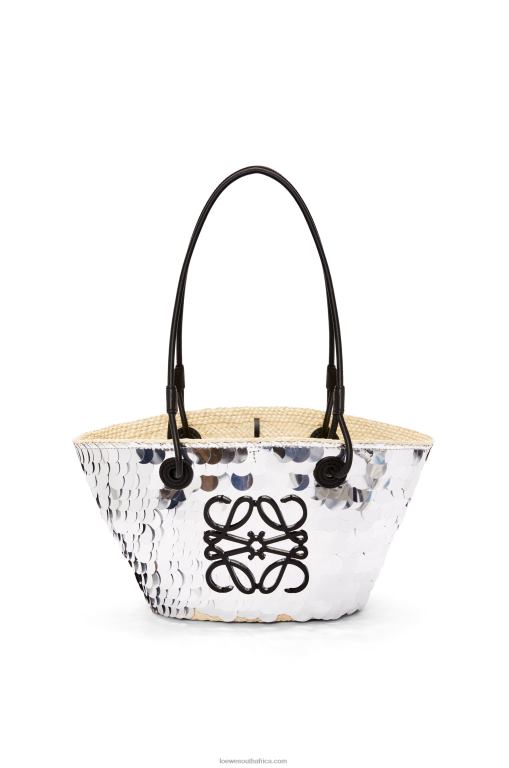 Loewe Women Small Anagram basket in sequinned iraca palm and calfskin 206XF109 Silver