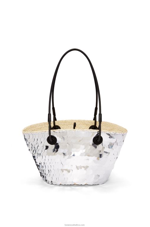 Loewe Women Small Anagram basket in sequinned iraca palm and calfskin 206XF109 Silver