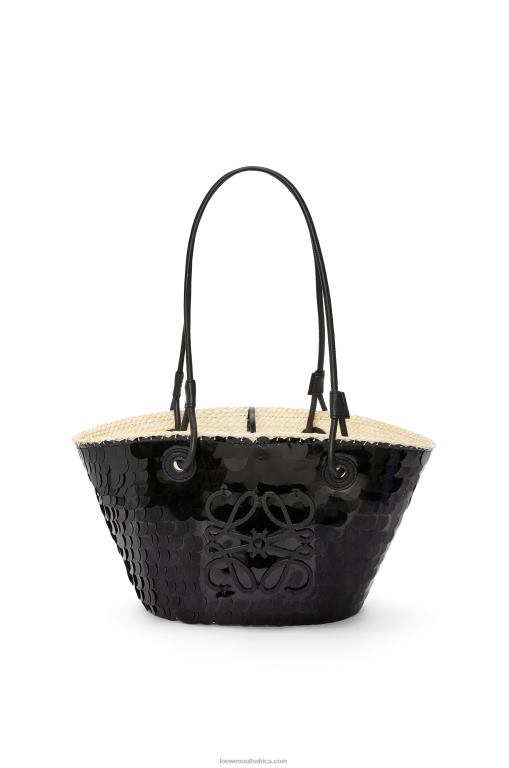 Loewe Women Small Anagram basket in sequinned iraca palm and calfskin 206XF71 Black