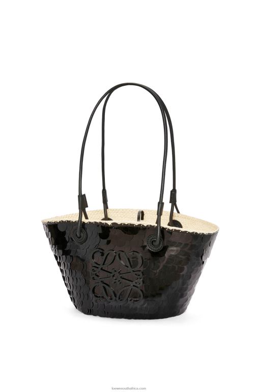Loewe Women Small Anagram basket in sequinned iraca palm and calfskin 206XF71 Black