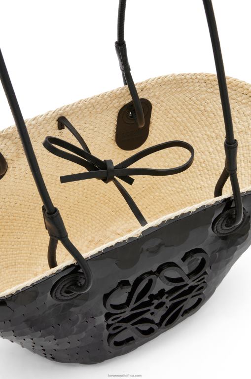 Loewe Women Small Anagram basket in sequinned iraca palm and calfskin 206XF71 Black