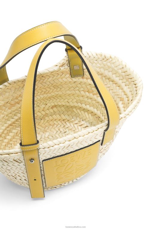 Loewe Women Small Basket bag in palm leaf and calfskin 206XF50 Dark Yellow
