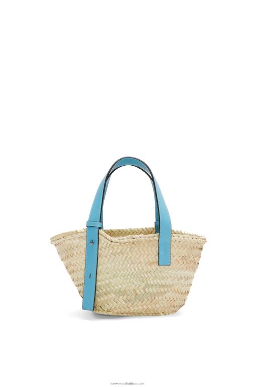 Loewe Women Small Basket bag in palm leaf and calfskin 206XF57 Light Blue