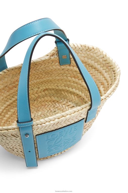 Loewe Women Small Basket bag in palm leaf and calfskin 206XF57 Light Blue