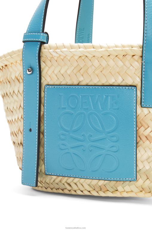 Loewe Women Small Basket bag in palm leaf and calfskin 206XF57 Light Blue