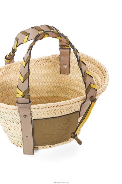 Loewe Women Small Basket bag in palm leaf with a braided handle in calfskin 206XF5 Olive/Sand