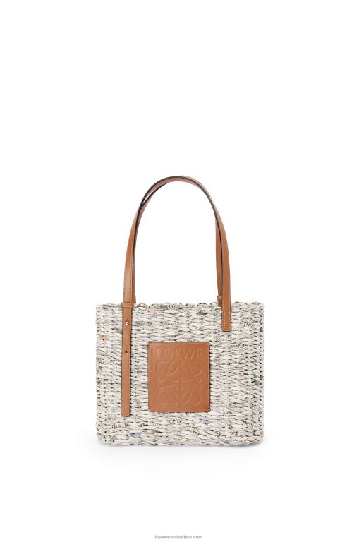 Loewe Women Small Newspaper Square Basket bag in paper and calfskin 206XF101 Tan/Multicolor