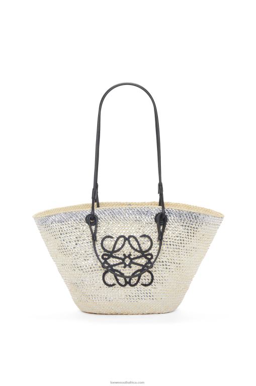 Loewe Women Sparkling Anagram basket bag in iraca palm and calfskin 206XF42 Natural/Silver