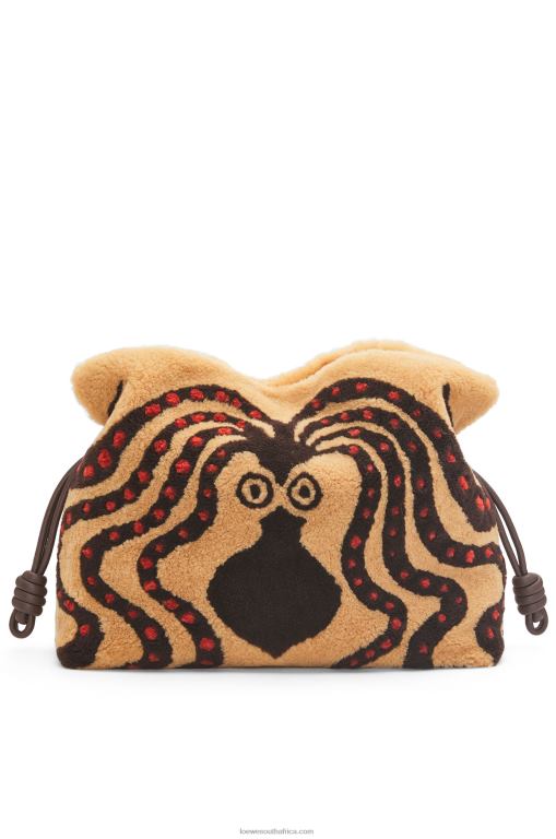 Loewe Women XL Flamenco clutch in shearling 206XF466 Beige/Chocolate