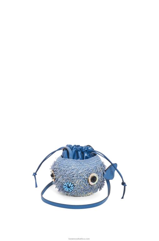 Loewe Women Blowfish pouch in iraca palm and calfskin 206XF222 Denim Blue